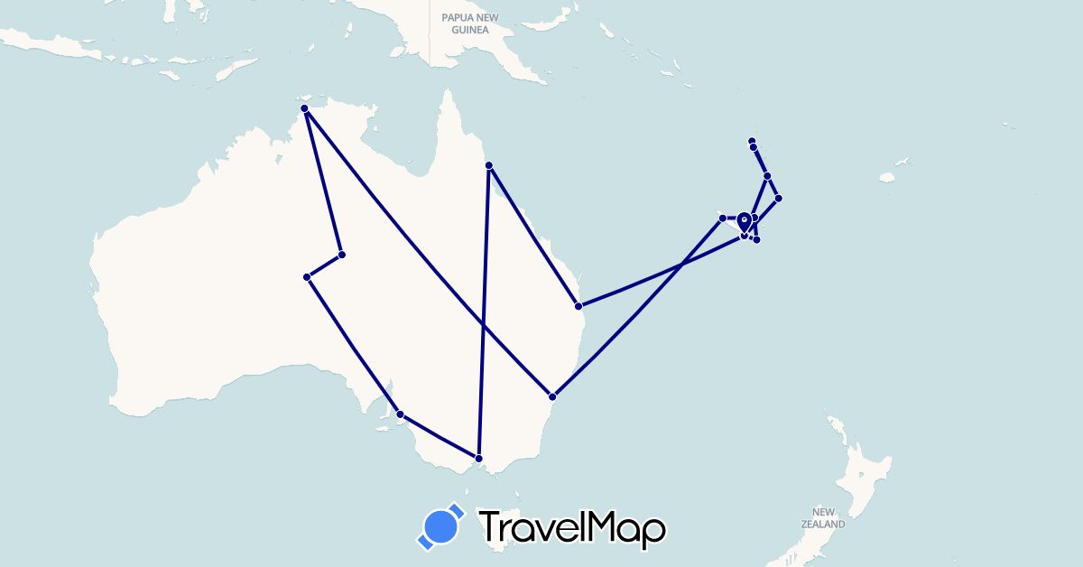 TravelMap itinerary: driving in Australia, France, New Caledonia, Vanuatu (Europe, Oceania)